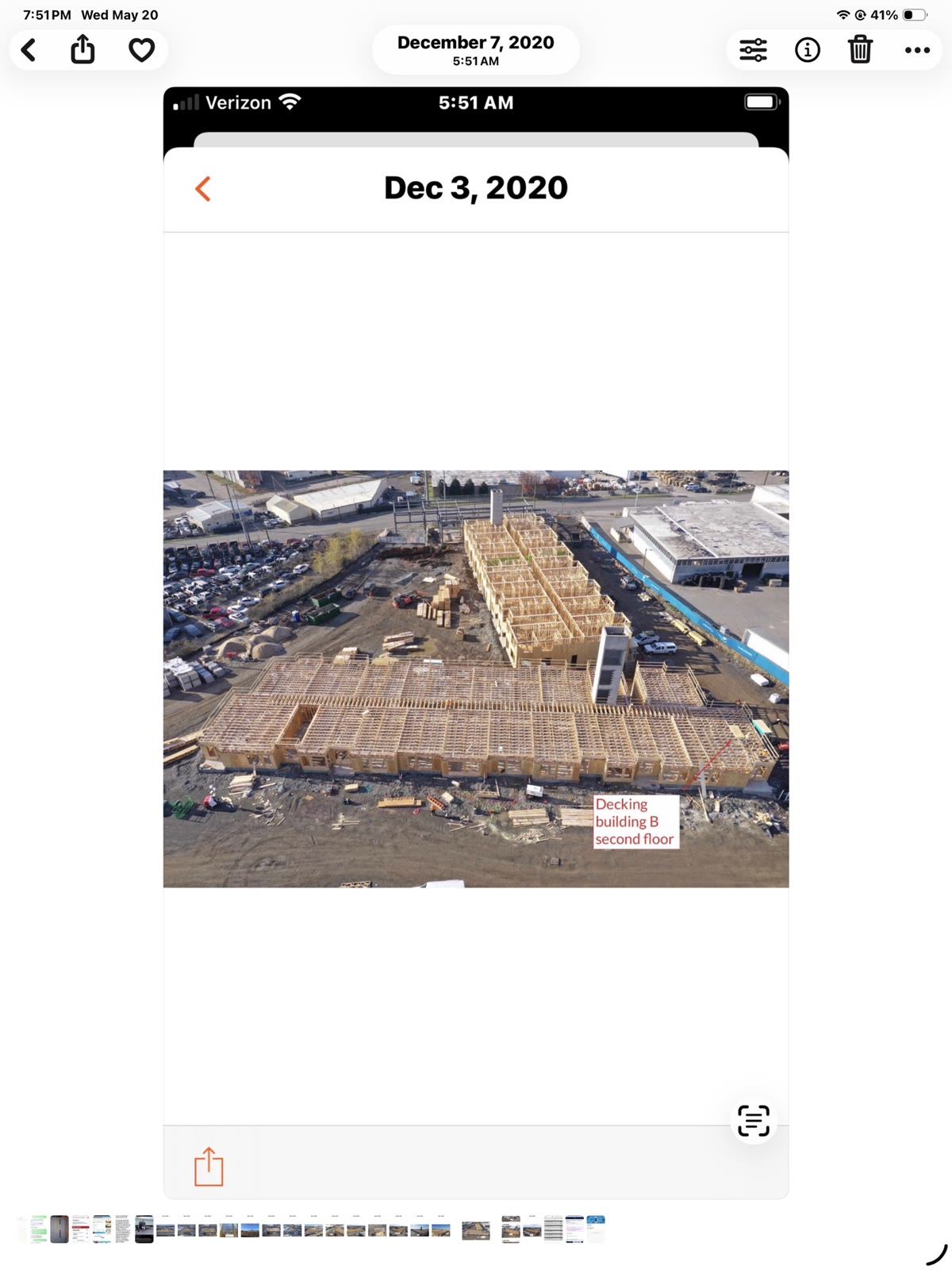 Aerial drone view of Building B second floor decking in progress