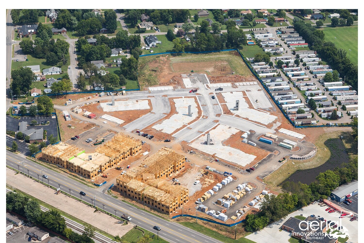 Later aerial progress view of the Alta Depot development in Nashville, Tennessee, with additional buildings framed