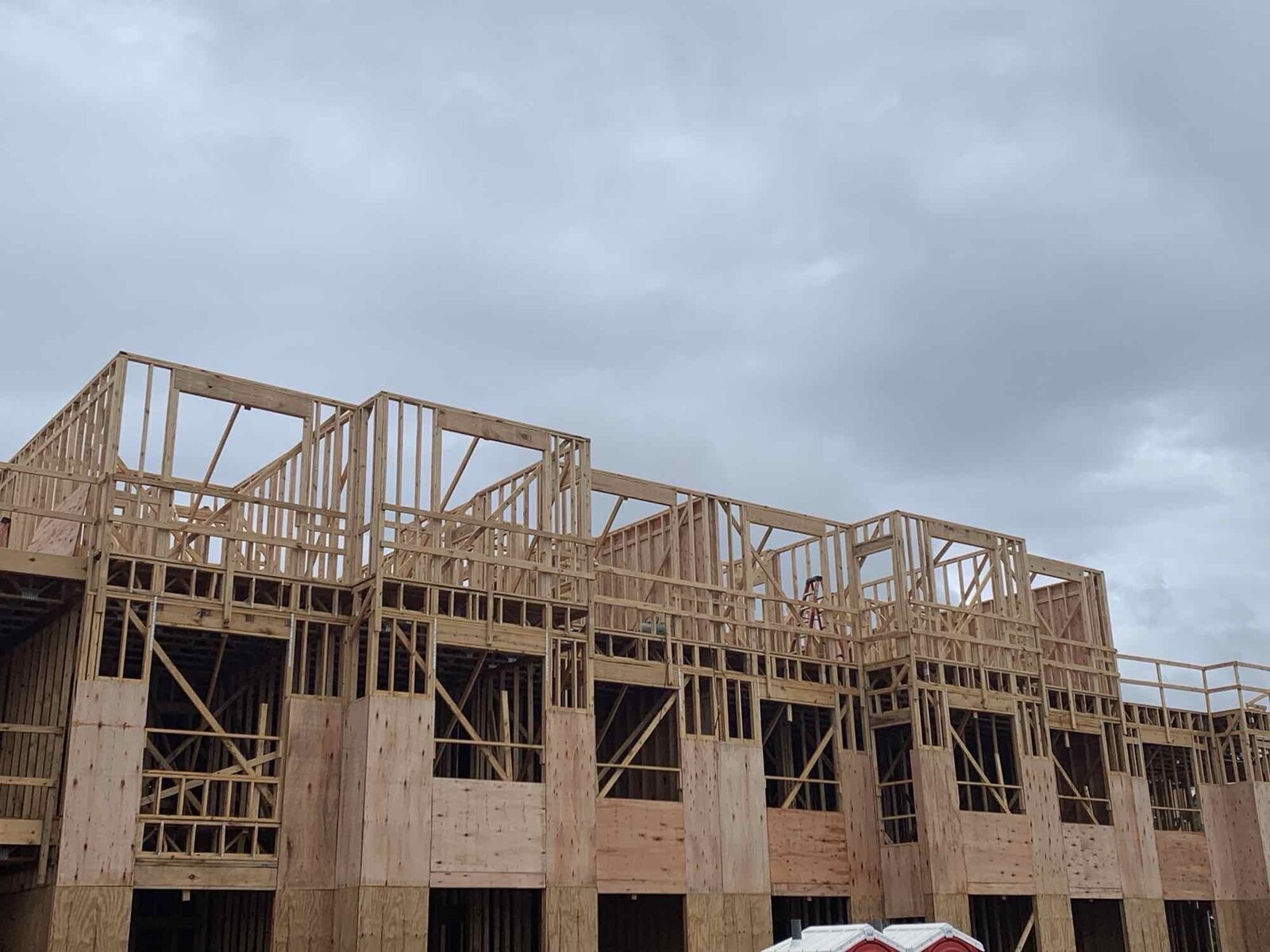 Close-up of roof framing structure on a multi-family building