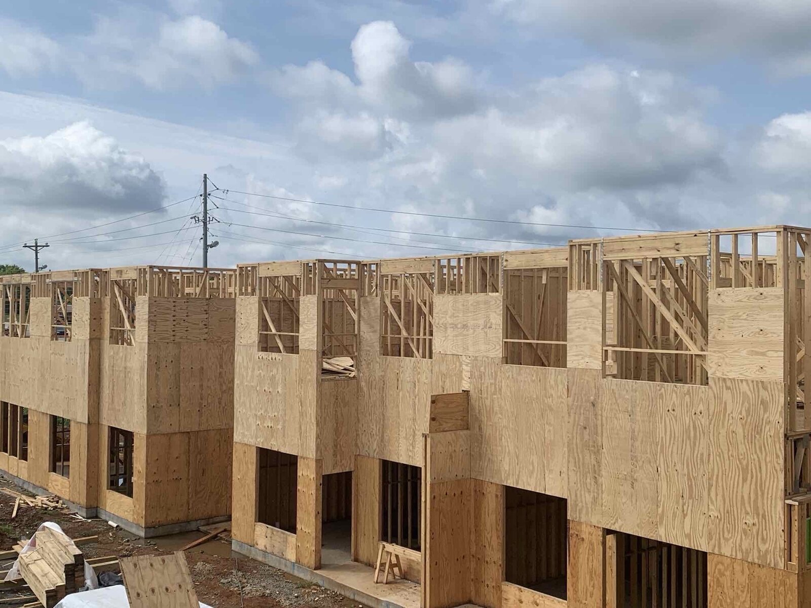 Multi-family building wall framing in progress at Alta Depot, Nashville, Tennessee