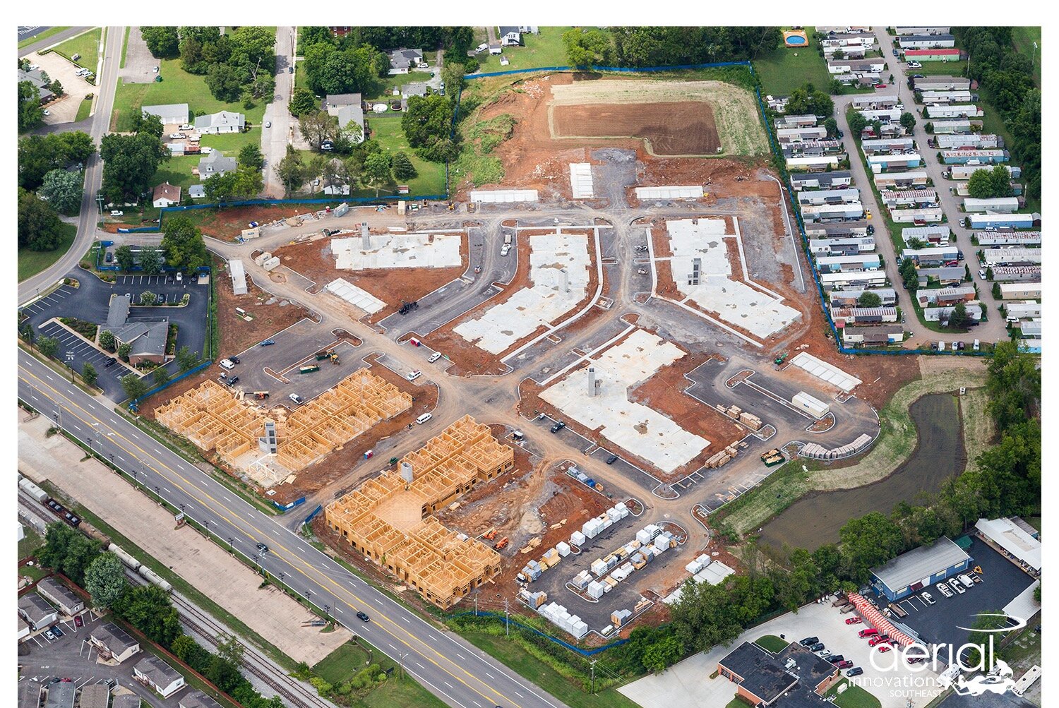 Aerial view of the Alta Depot mixed-use development in Nashville, Tennessee, showing multiple buildings framed and under construction